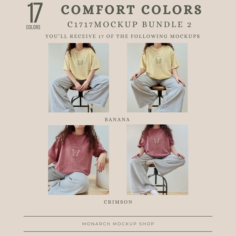 Peut inclure: Deux photos d'une personne portant un t-shirt avec un motif de papillon. La premi&egrave;re photo montre un t-shirt jaune avec un pantalon gris clair. La deuxi&egrave;me photo montre un t-shirt rose avec un pantalon gris clair. Le texte "BANANA" et "CRIMSON" est sous les photos.