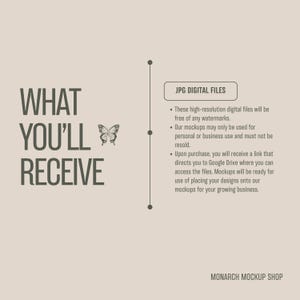 Peut inclure: Un graphique avec le texte "WHAT YOU'LL RECEIVE" et une illustration de papillon. Le texte "JPG DIGITAL FILES" est dans une bo&icirc;te avec une liste de puces d&eacute;crivant les fichiers num&eacute;riques inclus dans l'achat. Le texte "MONARCH MOCKUP SHOP" est en bas du graphique.