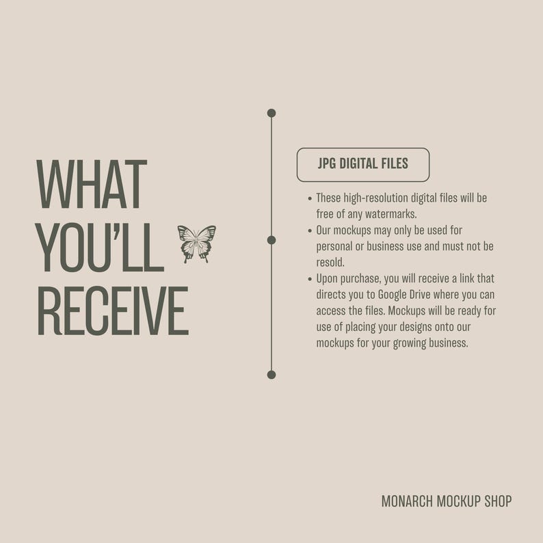 Peut inclure: Un graphique avec le texte "WHAT YOU'LL RECEIVE" et une illustration de papillon. Le texte "JPG DIGITAL FILES" est dans une bo&icirc;te avec une liste de puces d&eacute;crivant les fichiers num&eacute;riques inclus dans l'achat. Le texte "MONARCH MOCKUP SHOP" est en bas du graphique.