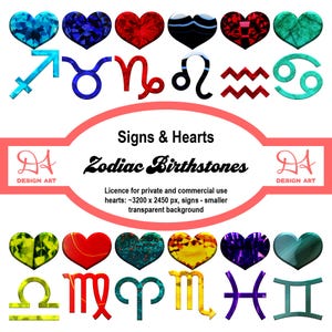Corazones y signos de piedra natal del zodíaco, PNG grandes con fondo transparente, oferta de San Valentín, descuento por apertura de nueva tienda