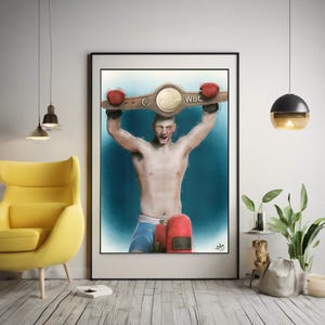 May include: A digital painting of a boxer holding a championship belt above his head. The belt is gold with a blue background and the letters "WBC" in white. The boxer is wearing red boxing gloves and blue shorts. The background is a blue gradient.