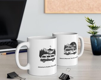 Adventure Awaits Ceramic Mug Mountain Van Life Camping Mug
