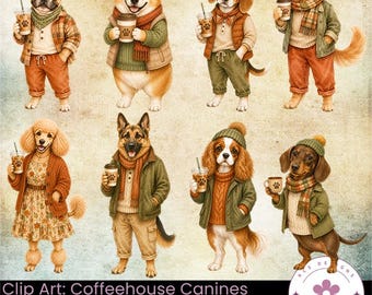 Coffeehouse Canines, Fall PNG, Dog PNG, Coffee Clip Art, Watercolor Dogs