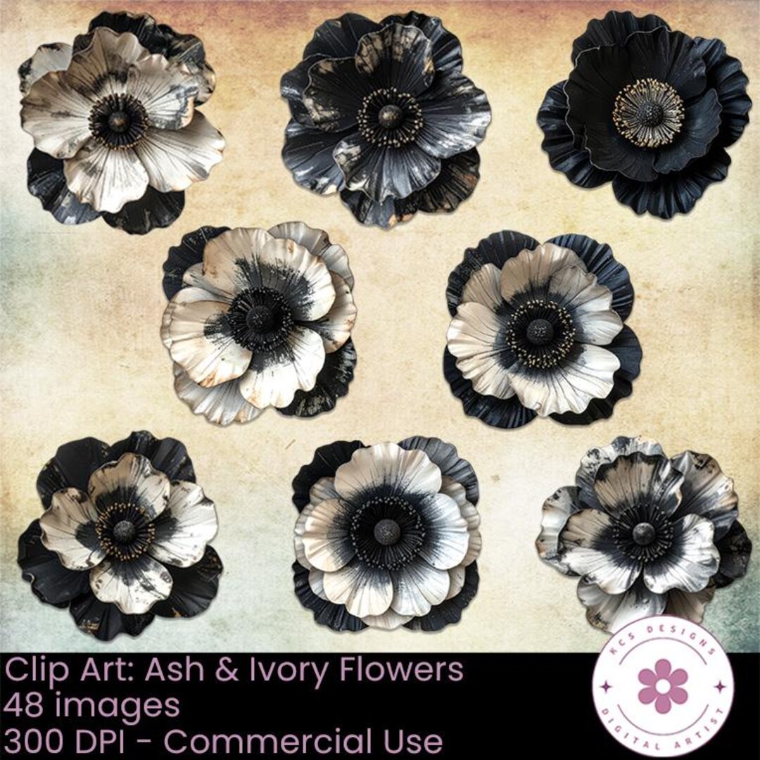 Ash & Ivory Flowers Clip Art – Gothic Floral, Black and Cream Vintage ...