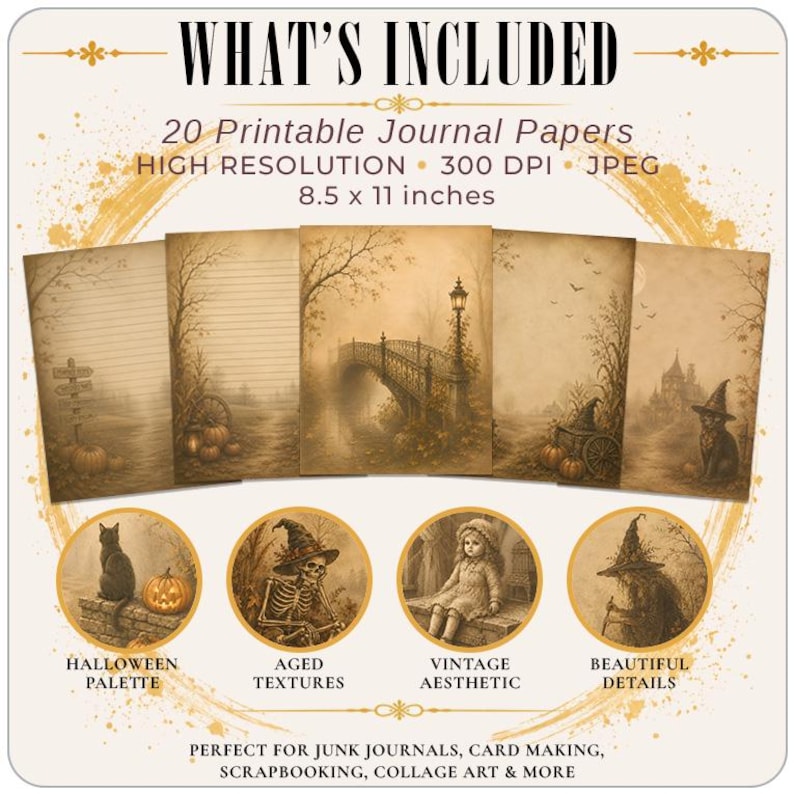 May include: A digital collection of 20 printable journal papers measuring 8.5 x 11 inches at 300 DPI. The set features sepia-toned Halloween imagery including pumpkins, a bridge, a cat, a skeleton, and a child, with text labels for each.