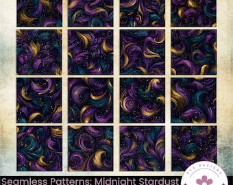 Midnight Stardust Seamless Patterns: Celestial Swirl Backgrounds (Digital Download)