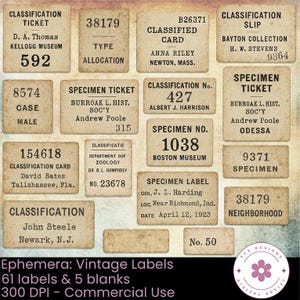 Peut inclure: Un ensemble d'étiquettes vintage avec du texte, dont "Classification Ticket" et "Specimen Ticket". Les étiquettes ont un aspect vieilli et usé, de différentes tailles et formes. L'image comprend le texte "Ephemera: Vintage Labels".