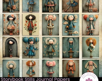 Op de afbeelding: Een verzameling van 20 digitale journalpapieren met illustraties van poppen in verschillende outfits en kapsels. De papieren zijn 21,59 x 27,94 cm groot en geschikt voor commercieel gebruik. De tekst "Storybook Stills Journal Papers" is zichtbaar.