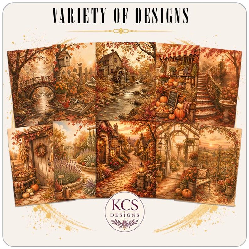 May include: A collection of eight rectangular prints titled VARIETY OF DESIGNS by KCS DESIGNS. Each print features detailed autumn-themed illustrations including stone bridges, water mills, pumpkin displays, garden paths, and greenhouses in warm tones.
