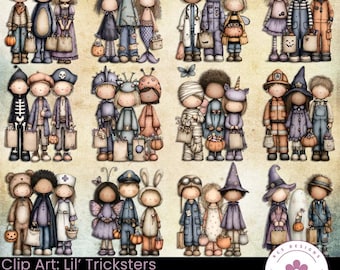 Clip Art: Lil' Tricksters, Halloween Kids, Cute Trick or Treat Clip Art, Junk Journals, Scrapbook Embellishments, Holiday Ephemera, Stickers