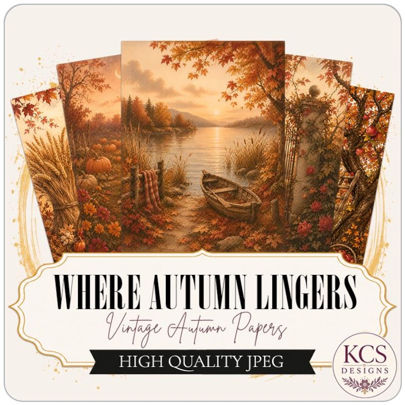 May include: A collection of five vertical digital papers featuring autumn landscapes with pumpkins, wheat, a lake with a wooden boat, and stone pillars. The text reads WHERE AUTUMN LINGERS, Vintage Autumn Papers, HIGH QUALITY JPEG, and KCS DESIGNS.