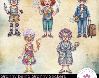 Granny Being Granny Stickers, Quirky Ephemera, Clip Art (Digital Download)