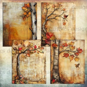 May include: A set of four autumn-themed wall art panels. Each panel features a textured background with a tree and colorful fall leaves in shades of orange, red, and yellow. Some panels include birds.