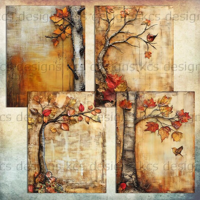 May include: A set of four autumn-themed wall art panels. Each panel features a textured background with a tree and colorful fall leaves in shades of orange, red, and yellow. Some panels include birds.