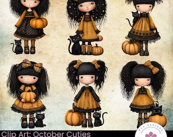 October Cuties Clip Art: Whimsical Girls, Cats & Autumn PNGs (Digital Download)
