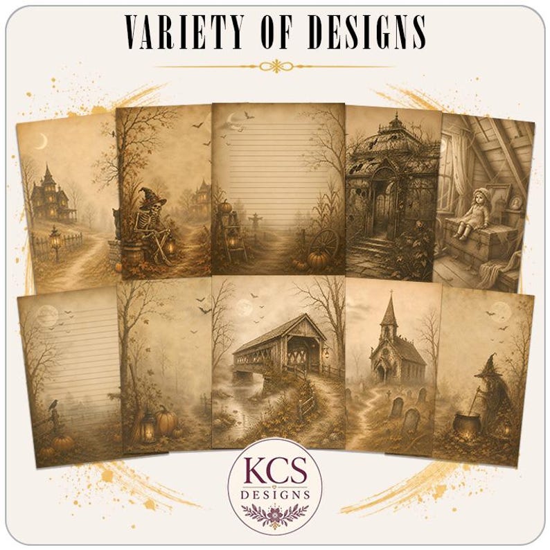 May include: A collection of ten rectangular stationery sheets featuring sepia-toned, gothic-inspired illustrations of haunted houses, skeletons, pumpkins, and graveyards. The text VARIETY OF DESIGNS appears at the top, and KCS DESIGNS at the bottom.