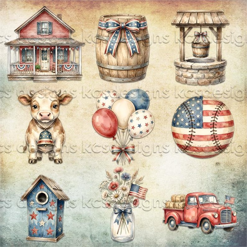May include: A collection of patriotic illustrations featuring a red house, a wooden barrel with a star-spangled bow, a stone well, a calf with a bell, balloons, a baseball with an American flag pattern, a blue birdhouse, flowers, and a red truck.