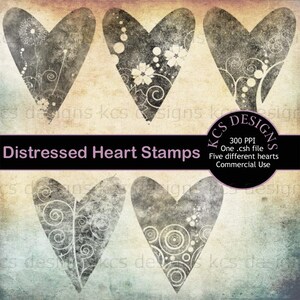 May include: Five distressed heart stamps with different designs. The hearts are black and white with a grunge texture. The text "Distressed Heart Stamps" is at the top of the image. The text "KCS Designs" is in a circle at the top right of the image. The text "300 PPI" is below the circle. The text "One .csh file" is below "300 PPI". The text "Five different hearts" is below "One .csh file". The text "Commercial Use" is below "Five different hearts".
