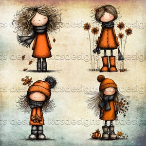 Puede incluir: Cuatro ilustraciones caprichosas de figuras de dibujos animados con abrigos y bufandas naranjas, que evocan un tema oto&ntilde;al. Cada figura tiene un peinado y accesorios &uacute;nicos, como sombreros, botas y flores, con hojas que caen y una calabaza que se suman al ambiente estacional.