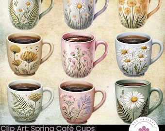 Clip Art: Spring Café Cups, Pastel, Floral painted mugs (Digital Download)