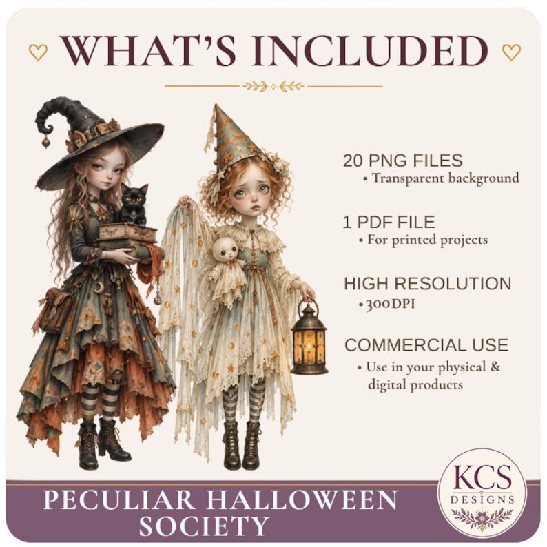 May include: A digital graphic featuring two characters in witch-inspired attire, one holding a black cat and books, the other a doll and lantern. Text includes WHAT'S INCLUDED, 20 PNG FILES, 1 PDF FILE, HIGH RESOLUTION 300 DPI, COMMERCIAL USE, and PECULIAR HALLOWEEN SOCIETY.