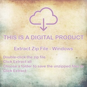 Może przedstawiać: Obraz z vintage tłem i fioletową ikoną chmury ze strzałką w d&oacute;ł. Tekst brzmi: "THIS IS A DIGITAL PRODUCT" oraz instrukcje dotyczące wyodrębniania pliku zip w systemie Windows.