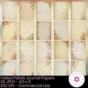Faded Petals Junk Journal Papier, Vintage Papier, Liniertes Papier, Florales Liniertes Papier, Bedruckbares Papier, Scrapbook Papier, Strukturpapier