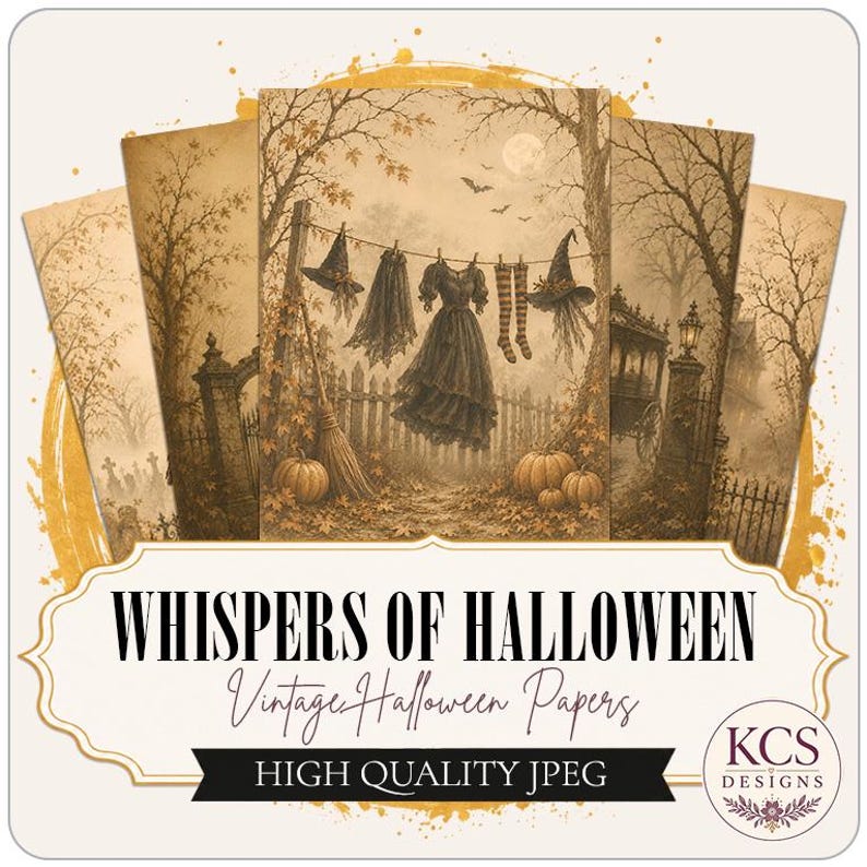 May include: A collection of digital papers titled Whispers of Halloween Vintage Halloween Papers High Quality JPEG by KCS Designs. The imagery features sepia-toned scenes of a clothesline with a dress, hats, and stockings, pumpkins, and trees.