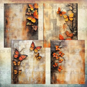 May include: Four square art prints featuring textured backgrounds with orange and yellow butterflies. The butterflies appear to be 3D, with detailed wings. The backgrounds have a mix of brown, beige, and orange tones, creating a warm, autumnal feel.