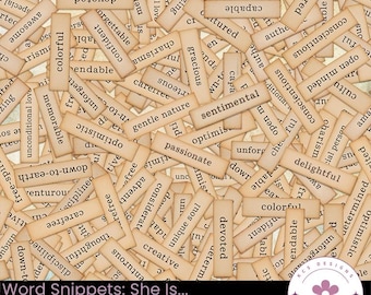 Word Snippets: She Is..., Junk Journal Words Strips, Adjective Labels (Digital Download)