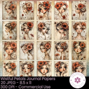 Wistful Petals Journal Papers, Surrealism, Floral Papers, Portrait Papers, Patchwork Textures, Whimsical Paper, Poetic Paper, Mixed Media