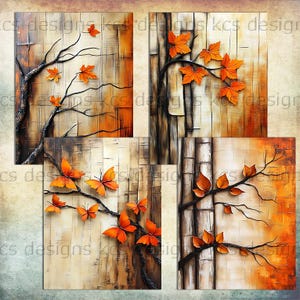 May include: Four-panel artwork featuring autumn-themed designs. Each panel showcases a textured background with branches, leaves, and butterflies in shades of orange, brown, and beige. The artwork evokes a sense of fall.