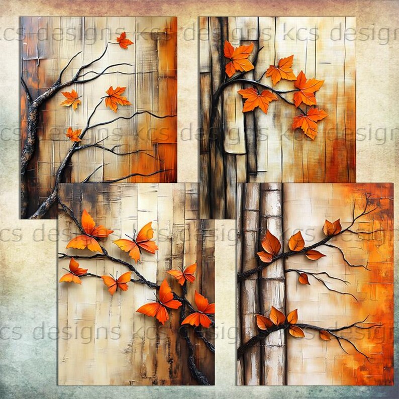 May include: Four-panel artwork featuring autumn-themed designs. Each panel showcases a textured background with branches, leaves, and butterflies in shades of orange, brown, and beige. The artwork evokes a sense of fall.