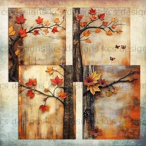 May include: A four-panel artwork featuring autumn leaves and branches. The leaves are in shades of red, orange, and yellow, with a textured background. The artwork has a rustic, natural theme, with a tree trunk design. The text "kcs designs" is visible.