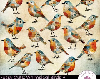 Whimsical Birds Fussy Cuts V, Rustic Mixed Media Birds (Digital Download)