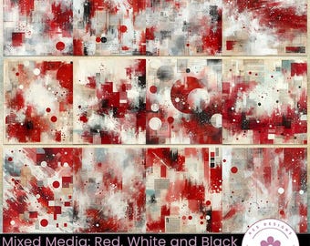 Red, White & Black Mixed Media Paper: Abstract Scrapbook Paper (Digital Download)