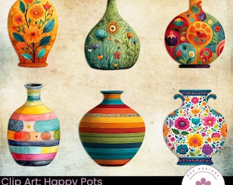 Happy Pots Clip Art, Whimsical Vase Illustrations for Card Making, Scrapbooks & Crafts (Digital Download)