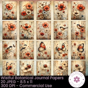 Wistful Botanicals Journal Papers, Surrealism, Floral Papers, Patchwork Textures, Whimsical Paper, Poetic Paper, Mixed Media
