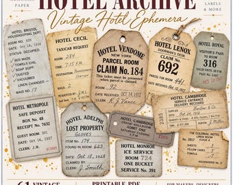 The Hotel Archive Clip Art | Vintage Hotel Ephemera Collection | Antique Tags, Tickets, Receipts & Labels (Digital Download)