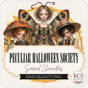 May include: A digital illustration featuring three characters: a central figure with butterfly wings, a person on the left under an orange umbrella, and a person on the right wearing a straw hat. Text reads PECULIAR HALLOWEEN SOCIETY Surreal Characters.