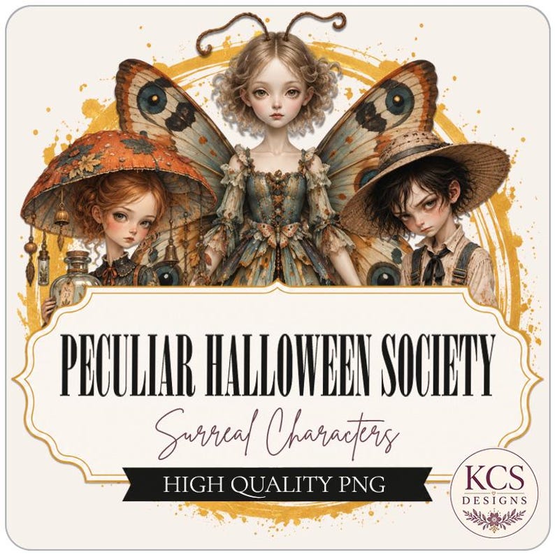 May include: A digital illustration featuring three characters: a central figure with butterfly wings, a person on the left under an orange umbrella, and a person on the right wearing a straw hat. Text reads PECULIAR HALLOWEEN SOCIETY Surreal Characters.