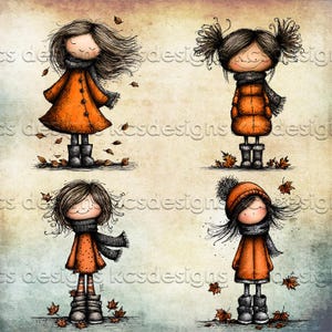 Puede incluir: Una ilustraci&oacute;n caprichosa con cuatro figuras estilizadas de ni&ntilde;os con abrigos y bufandas naranjas, rodeadas de hojas ca&iacute;das. Cada figura lleva botas y tiene los ojos cerrados, con un fondo suave y texturizado.