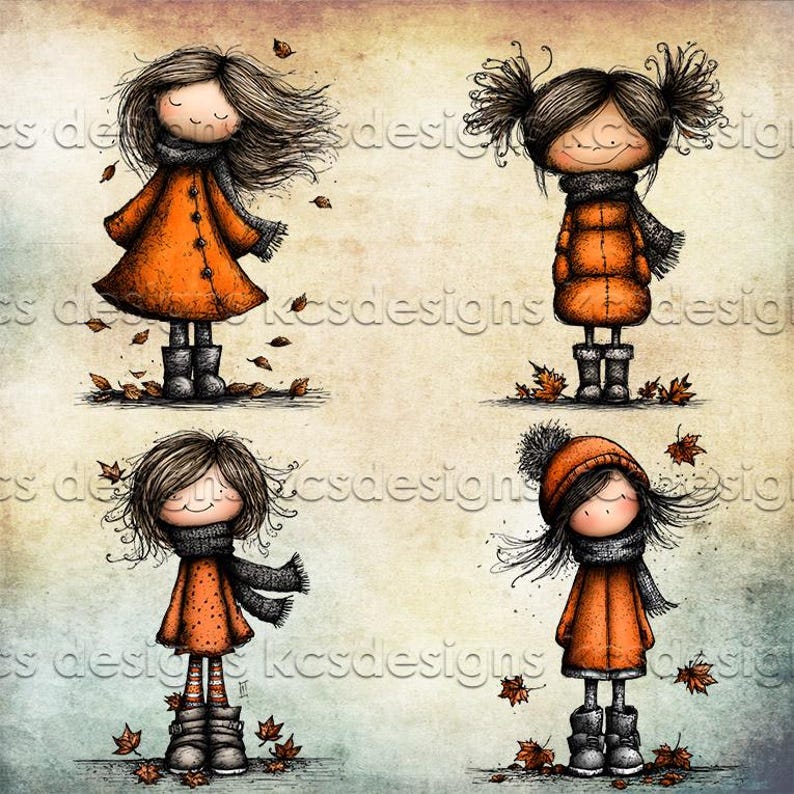 Puede incluir: Una ilustraci&oacute;n caprichosa con cuatro figuras estilizadas de ni&ntilde;os con abrigos y bufandas naranjas, rodeadas de hojas ca&iacute;das. Cada figura lleva botas y tiene los ojos cerrados, con un fondo suave y texturizado.