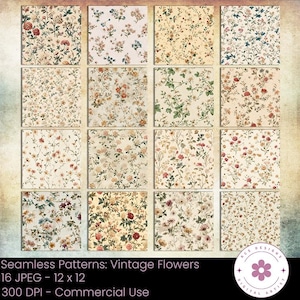 May include: A collection of sixteen seamless vintage floral patterns. Each square features a unique design with various flowers in shades of red, pink, yellow, and green on a cream background. The text reads "Seamless Patterns: Vintage Flowers".