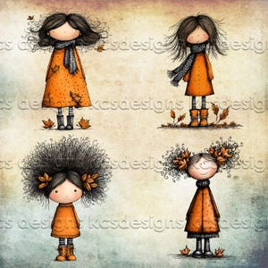 Puede incluir: Cuatro ilustraciones de ni&ntilde;as con vestidos, bufandas y botas naranjas, rodeadas de hojas de oto&ntilde;o. Cada ni&ntilde;a tiene peinados &uacute;nicos, incluyendo un afro grande y hojas en el pelo. Tema oto&ntilde;al y caprichoso.