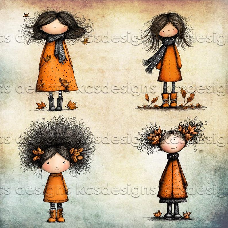 Puede incluir: Cuatro ilustraciones de ni&ntilde;as con vestidos, bufandas y botas naranjas, rodeadas de hojas de oto&ntilde;o. Cada ni&ntilde;a tiene peinados &uacute;nicos, incluyendo un afro grande y hojas en el pelo. Tema oto&ntilde;al y caprichoso.