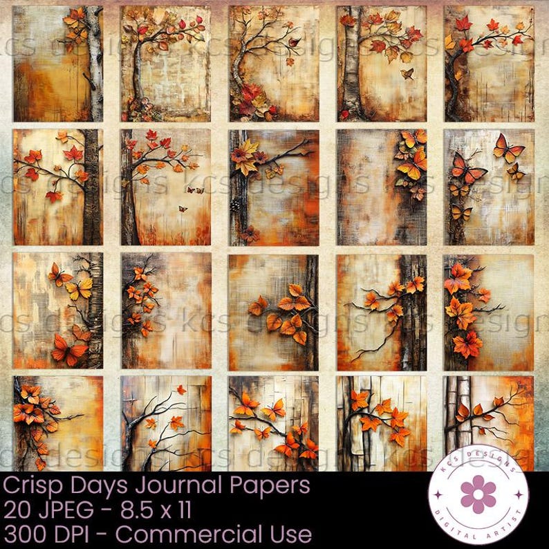 May include: A collection of 20 journal papers with an autumn theme. Each paper features a unique design with orange and brown leaves, butterflies, and tree branches. The papers are 8.5 x 11 inches and suitable for commercial use.