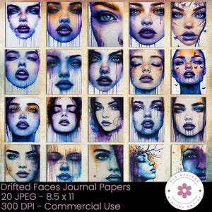 Carta da giornale "Drifted Faces", carta grunge, carta a schizzi, gocce di acquerello, tecniche miste, collage, journaling pieno di sentimento