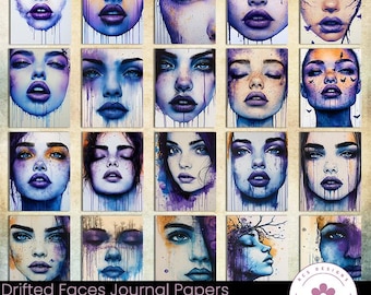 Drifted Faces Journal Papers: Watercolor Collage Art (Digital Download, 20 JPEG Files)