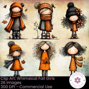 Puede incluir: Clip art digital con seis ilustraciones caprichosas de ni&ntilde;as con atuendos oto&ntilde;ales. Cada ni&ntilde;a lleva un sombrero, una bufanda y un abrigo en tonos naranja, gris y negro. La obra de arte incluye hojas que caen y peque&ntilde;os p&aacute;jaros, con el texto "Clip Art: Whimsical Fall Girls".